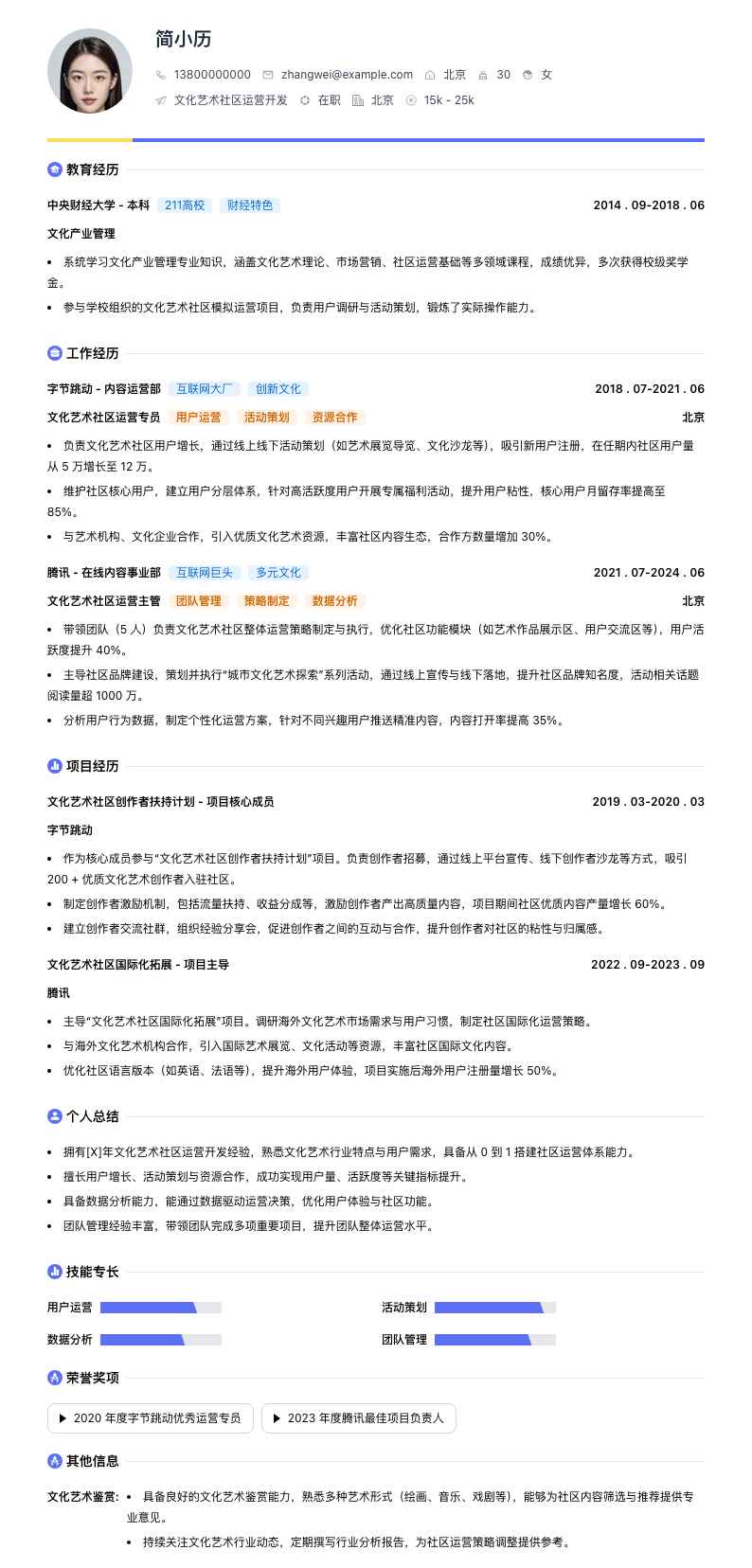 文化艺术社区运营简历模板
