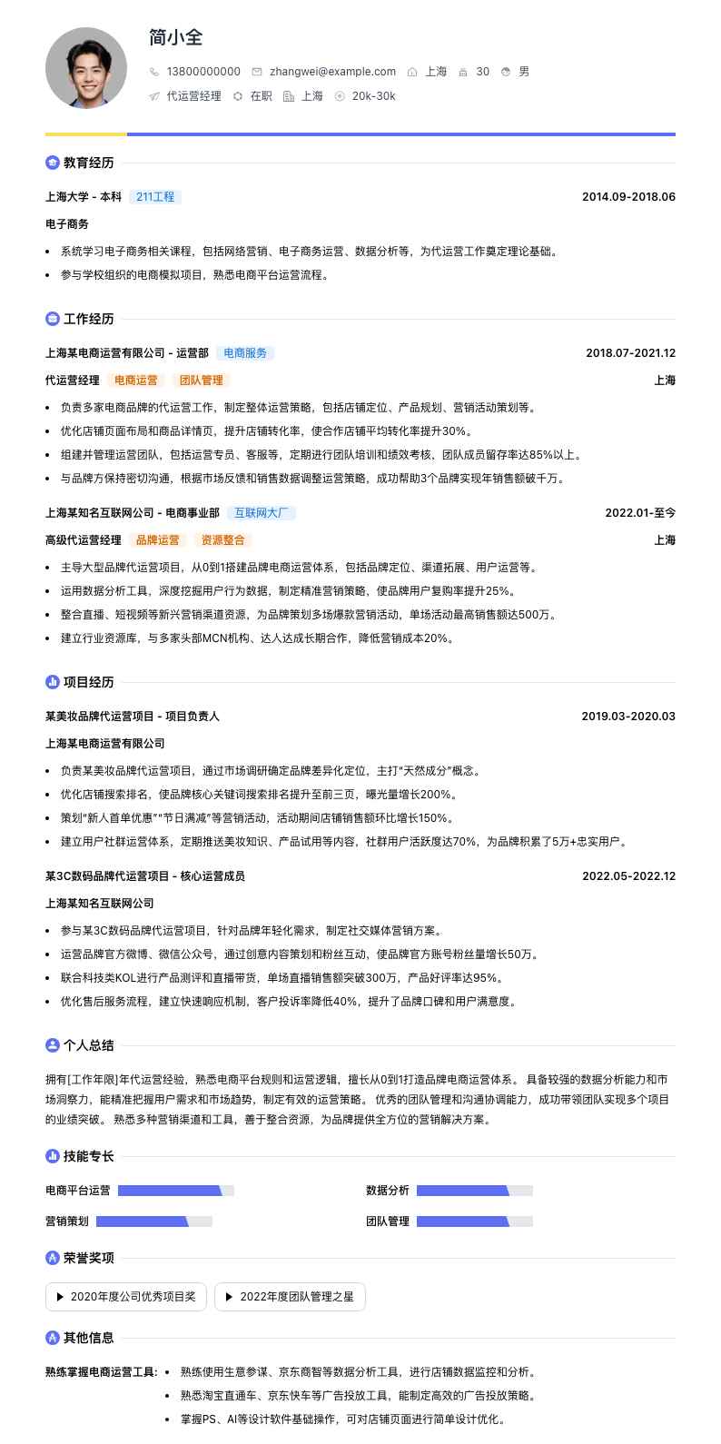 代运营经理简历模板