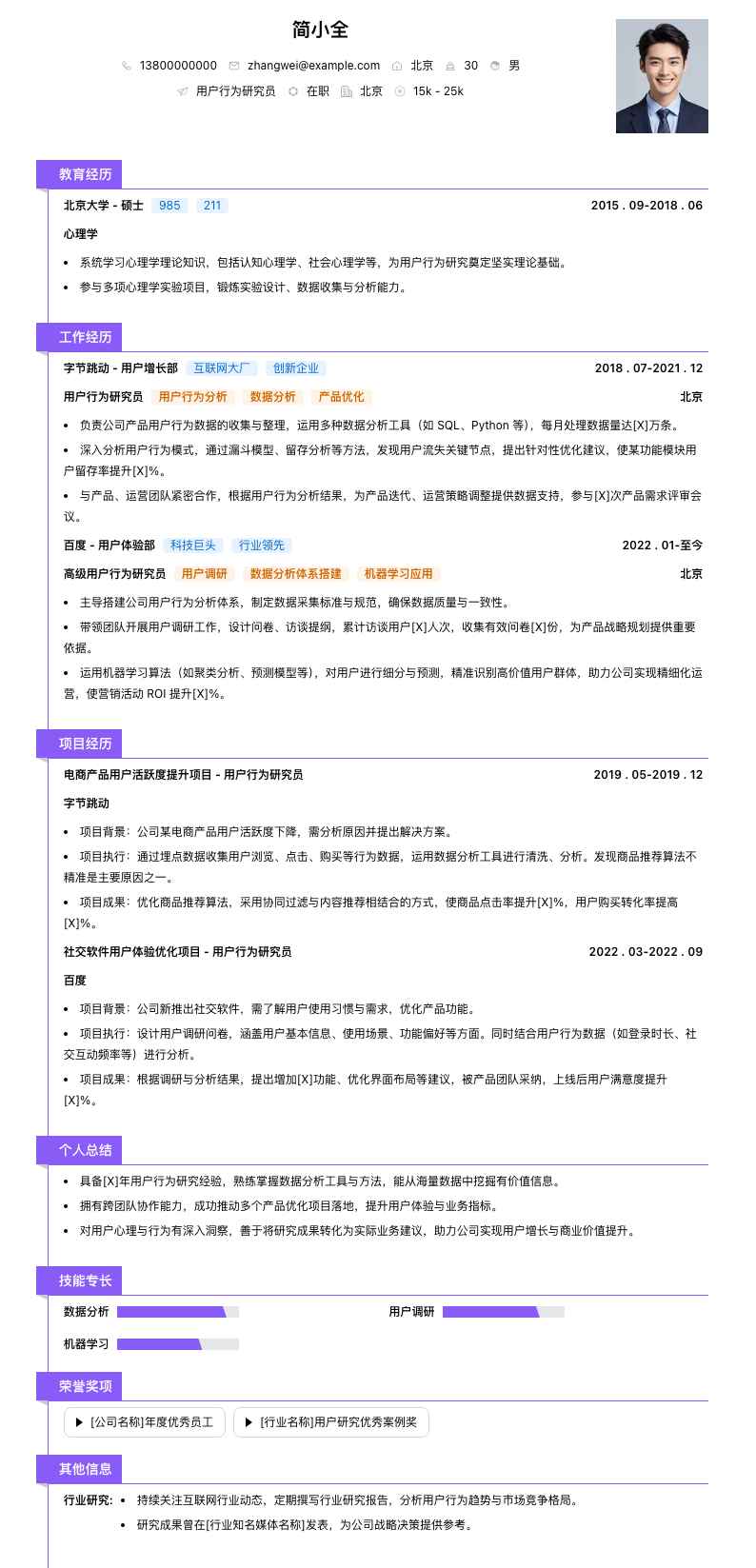 用户行为研究员简历模板