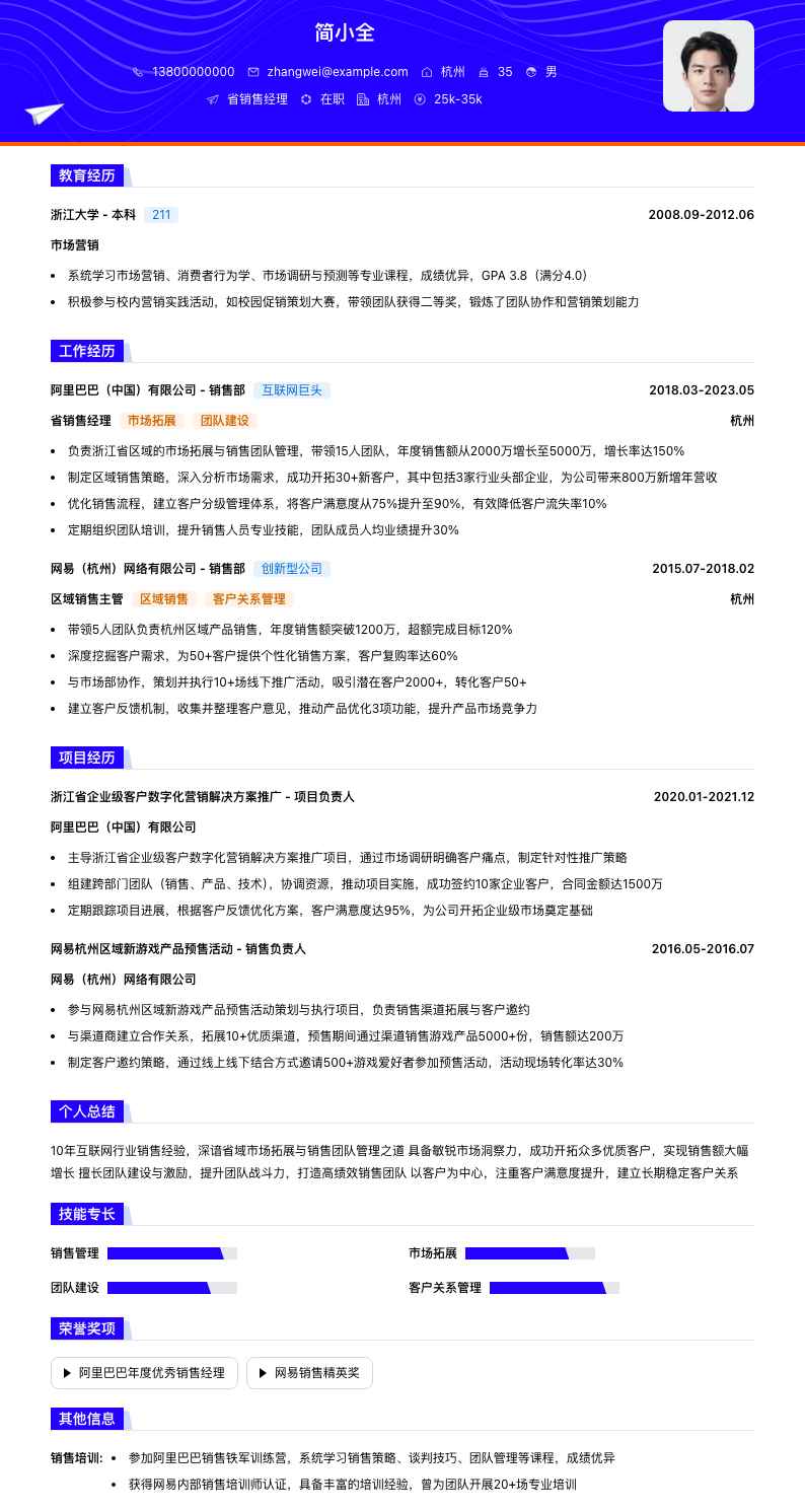 省销售经理简历模板