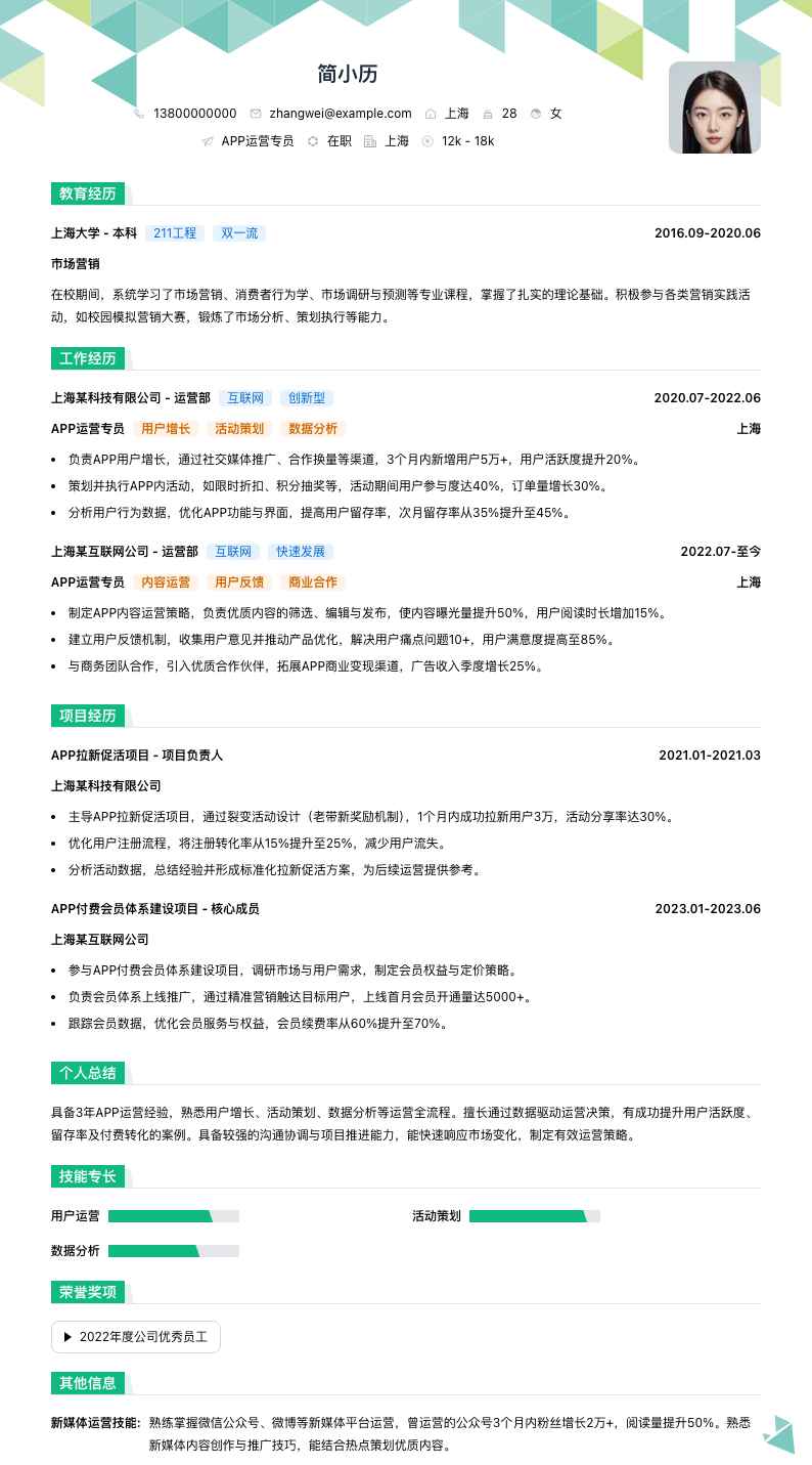 APP运营专员简历模板