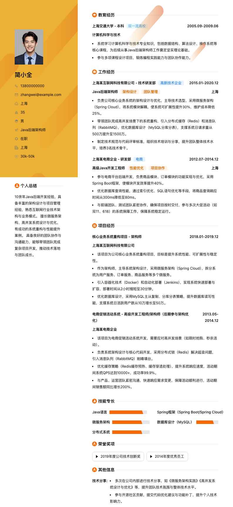 java后端架构师简历模板