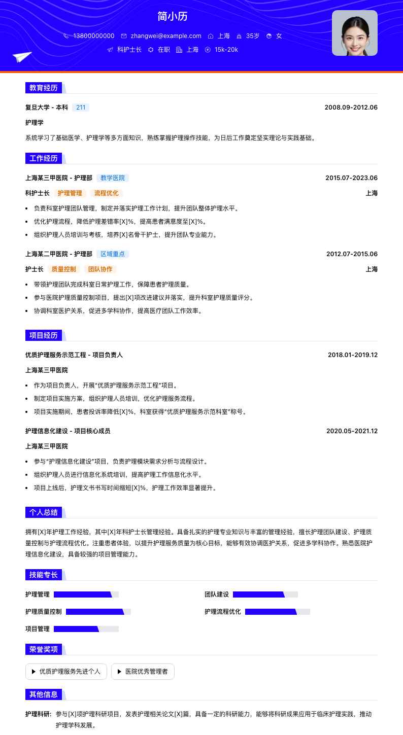 科护士长简历模板