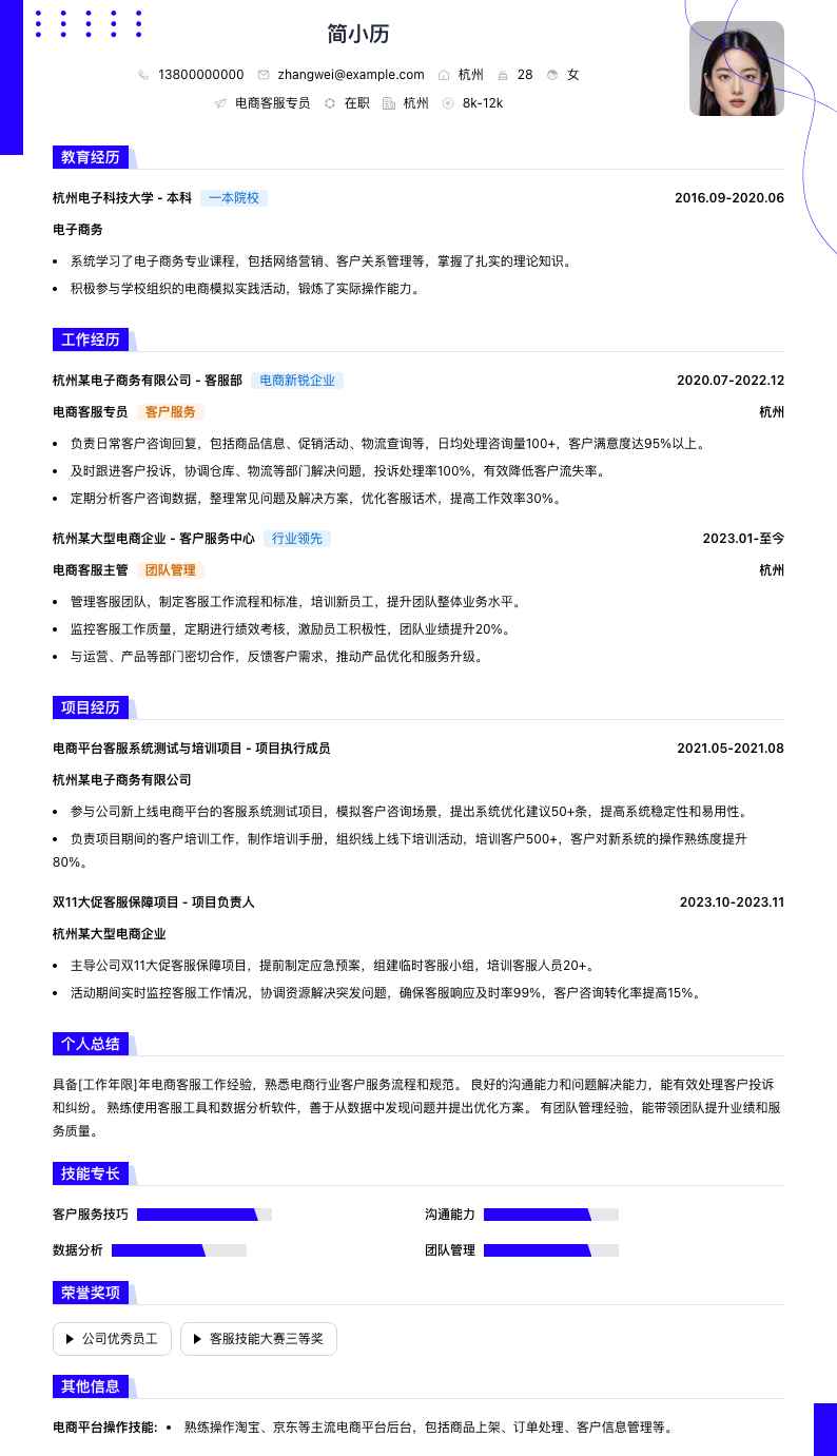 电商客服专员简历模板
