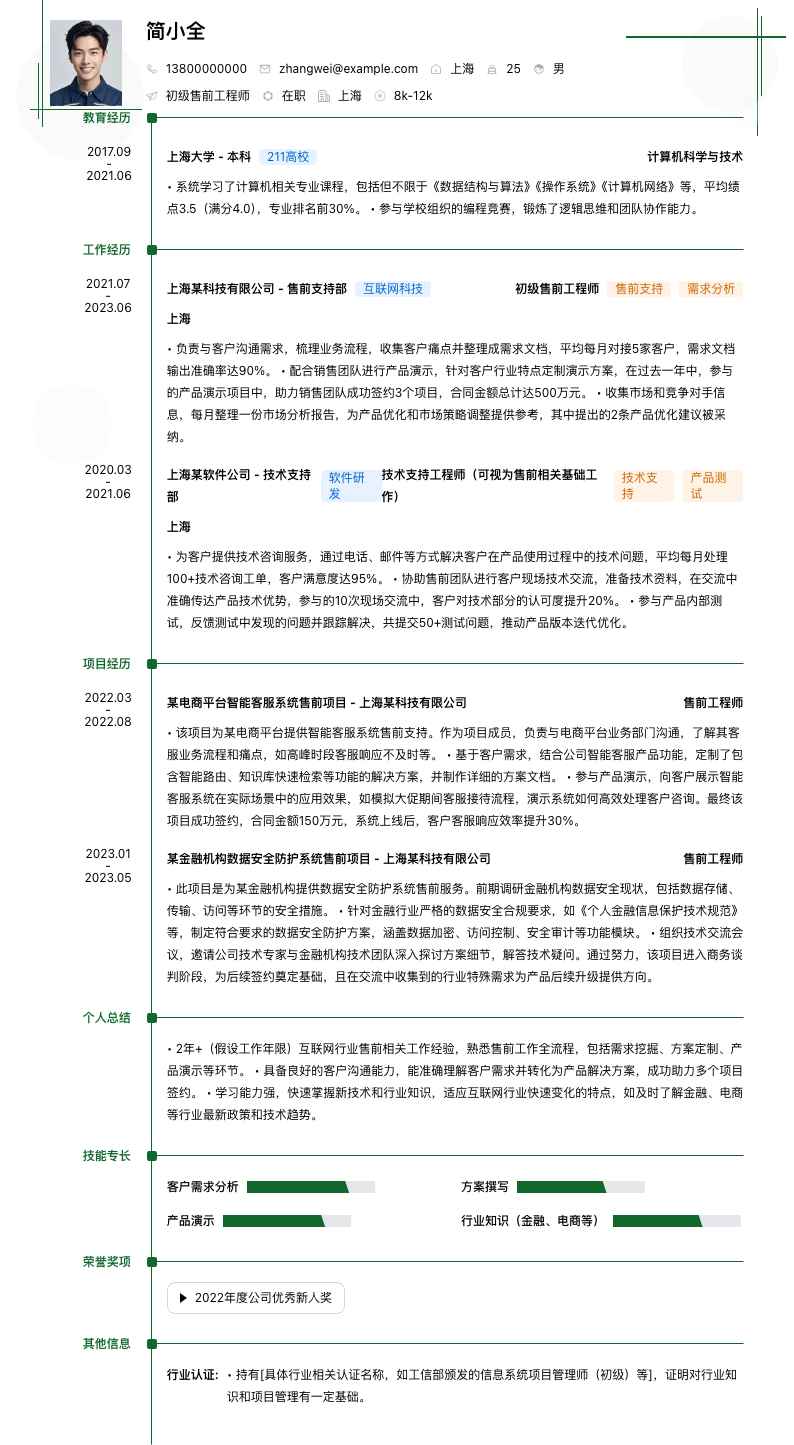 初级售前工程师简历模板