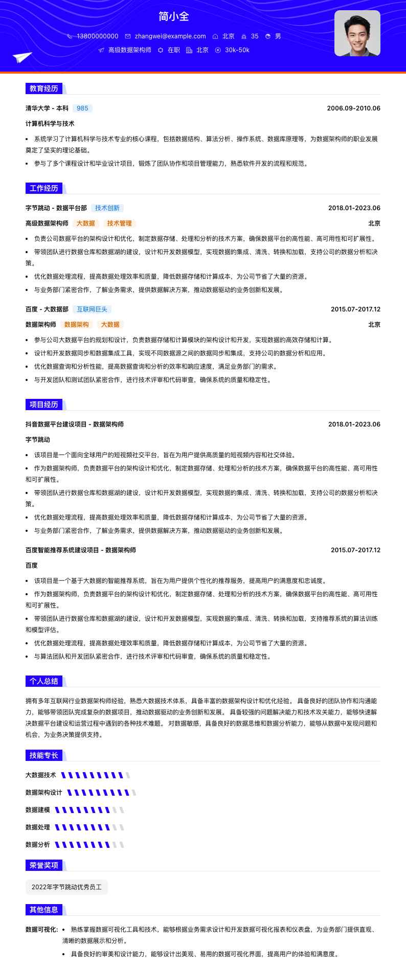 高级数据架构师简历模板