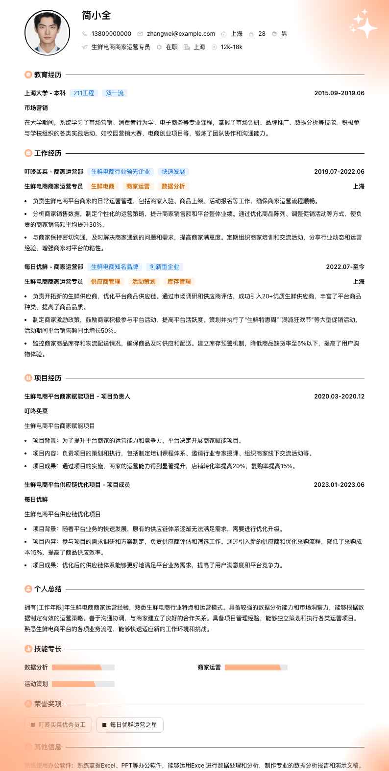 生鲜电商商家运营专员简历模板