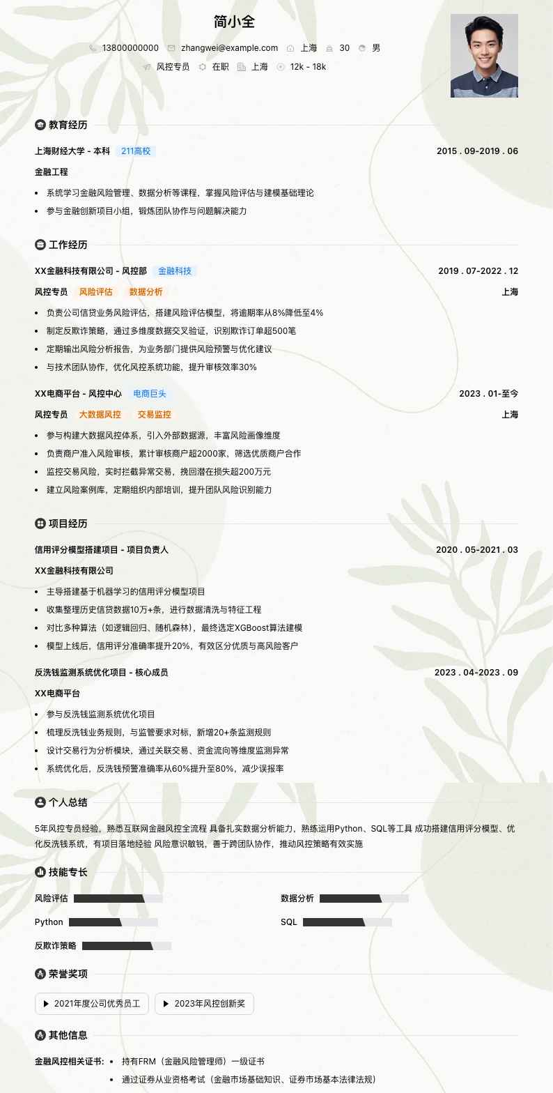 风控专员简历模板