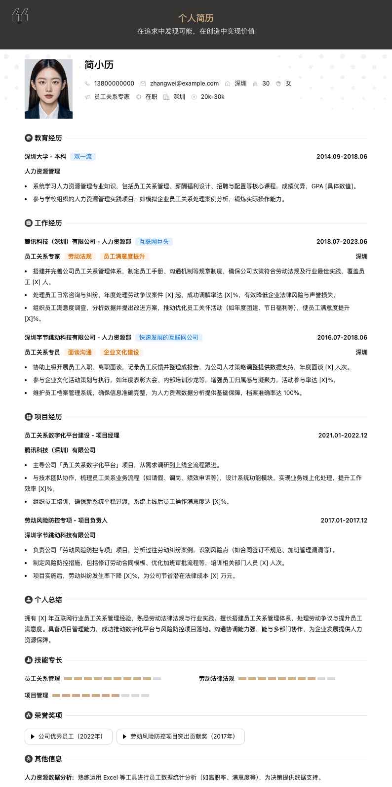 员工关系专家简历模板