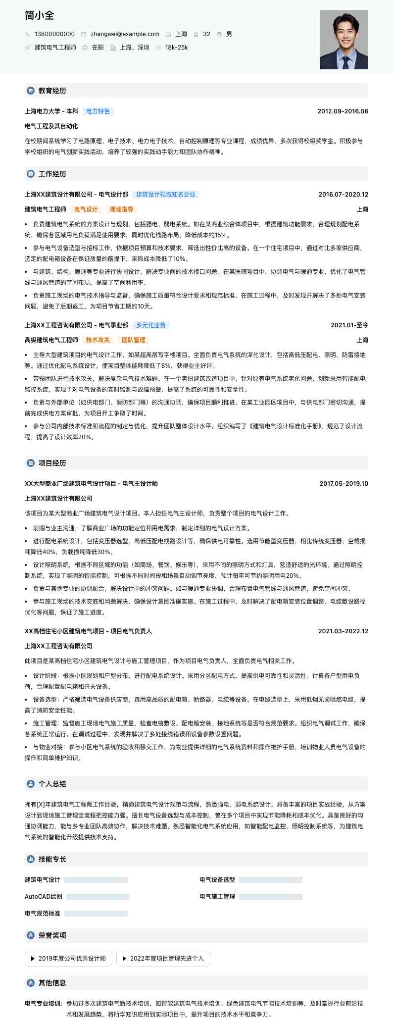 建筑电气工程师简历模板