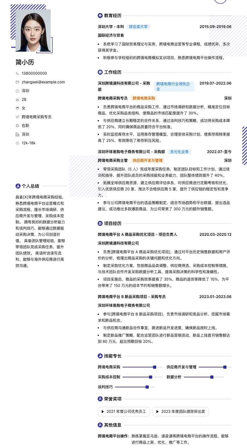 跨境电商采购专员简历模板