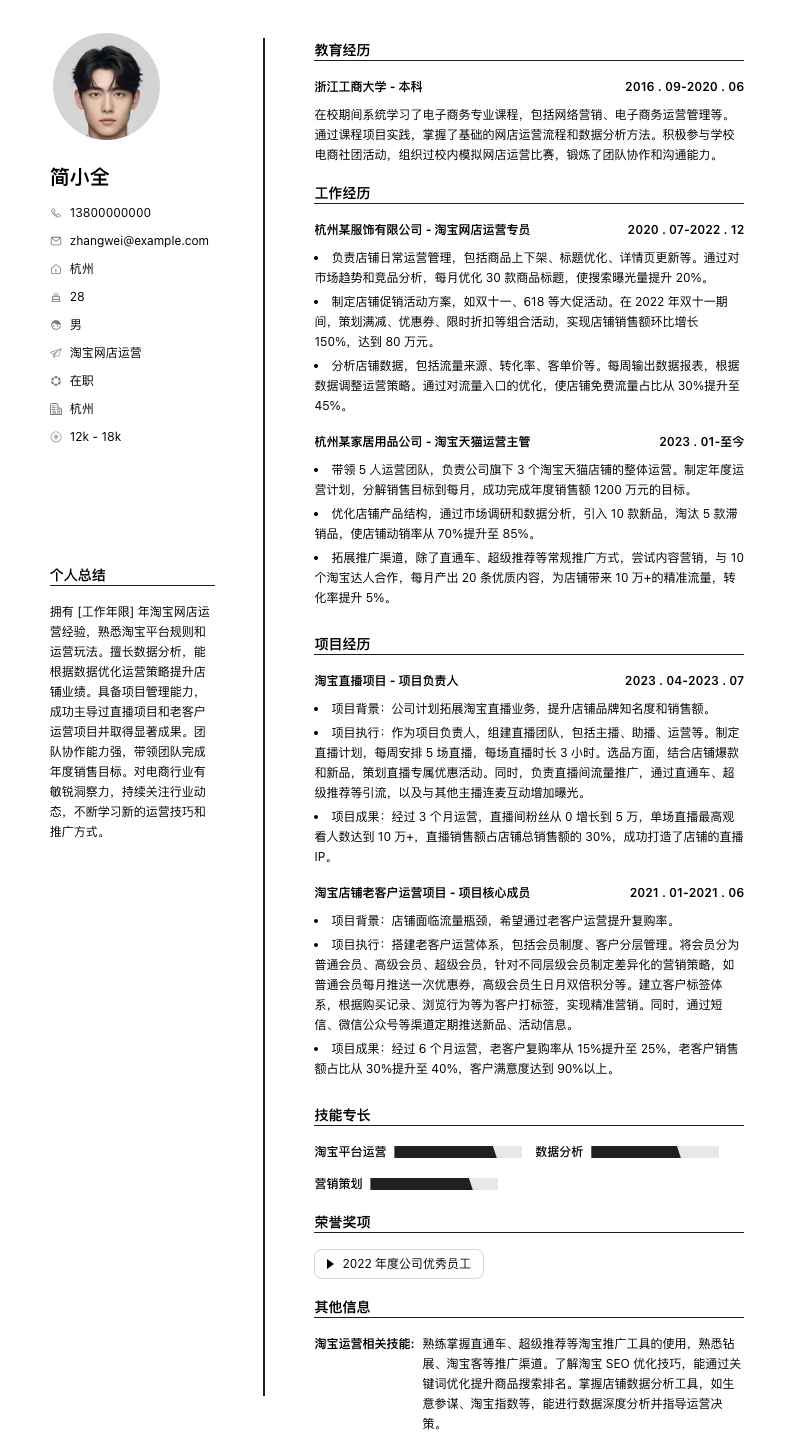 淘宝网店运营简历模板