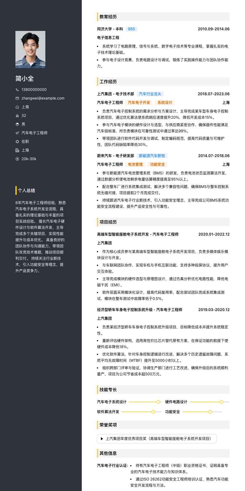 汽车电子工程师简历模板