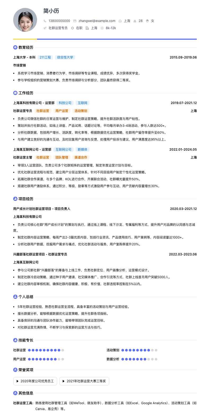 社群运营专员简历模板