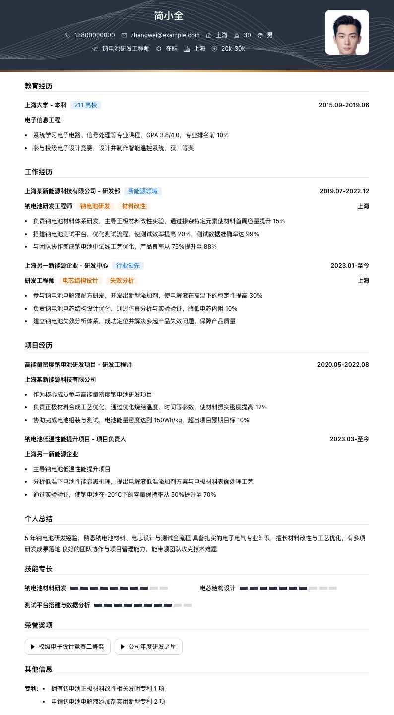 钠电池研发工程师简历模板