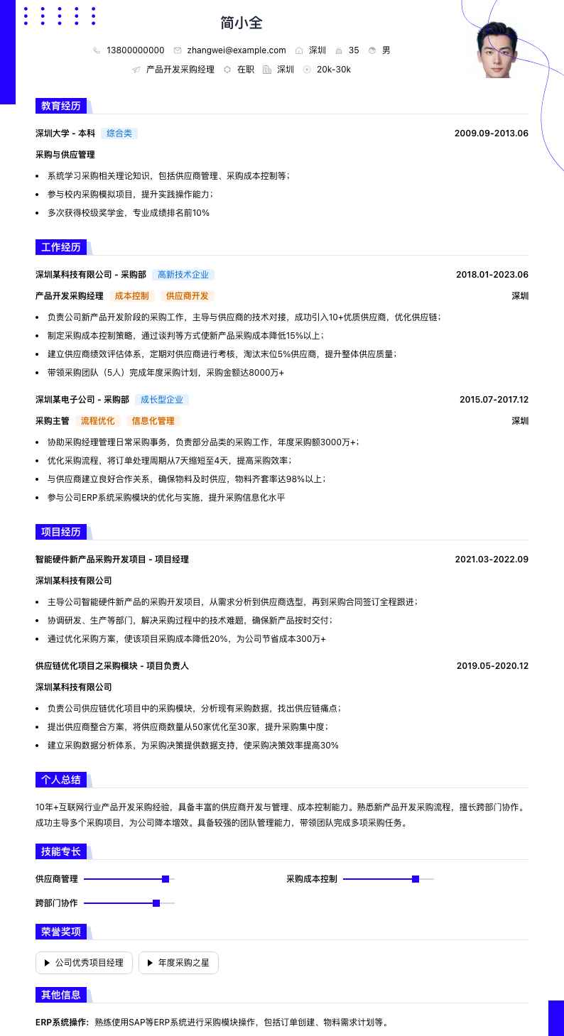 产品开发采购经理简历模板