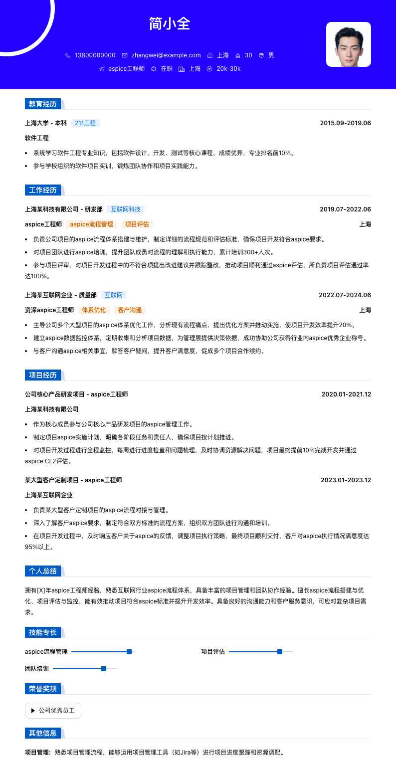 aspice工程师简历模板