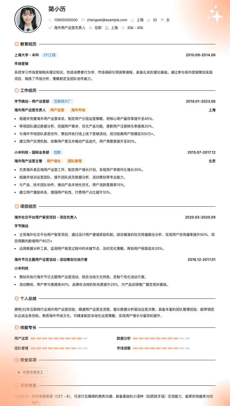 海外用户运营负责人简历模板