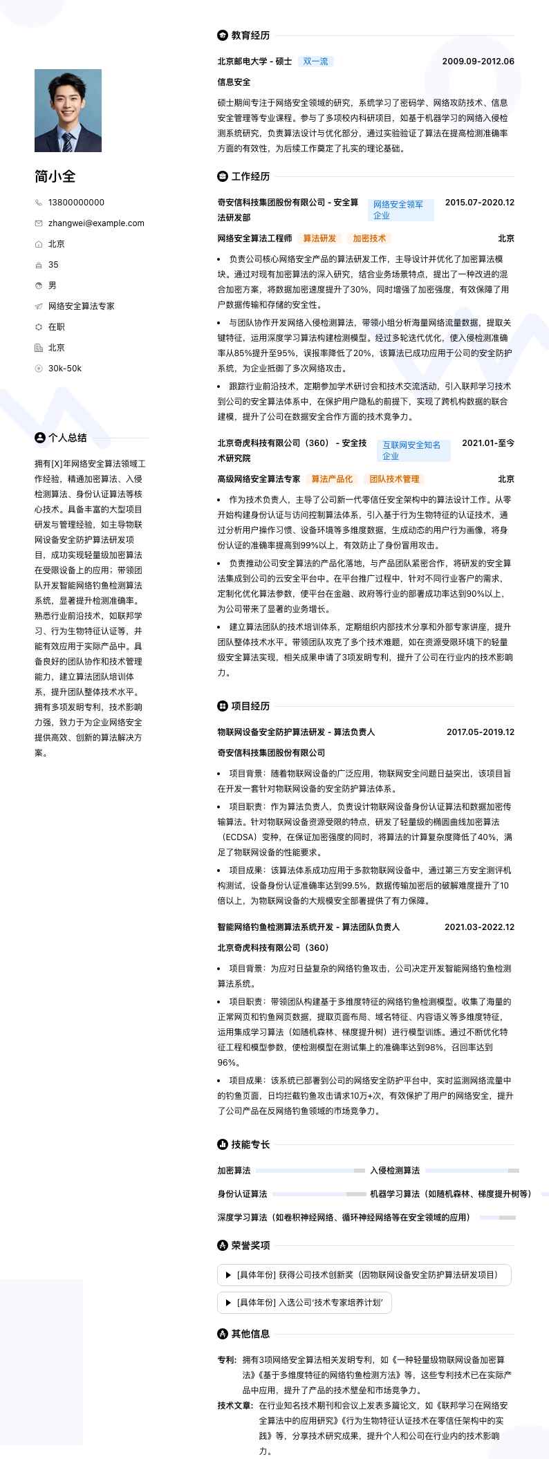网络安全算法专家简历模板