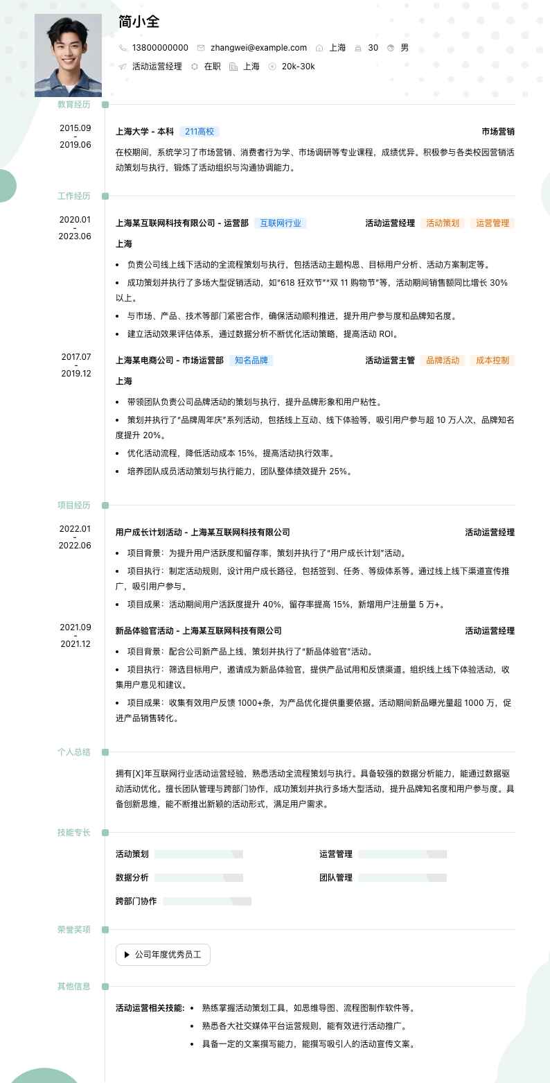 活动运营经理简历模板