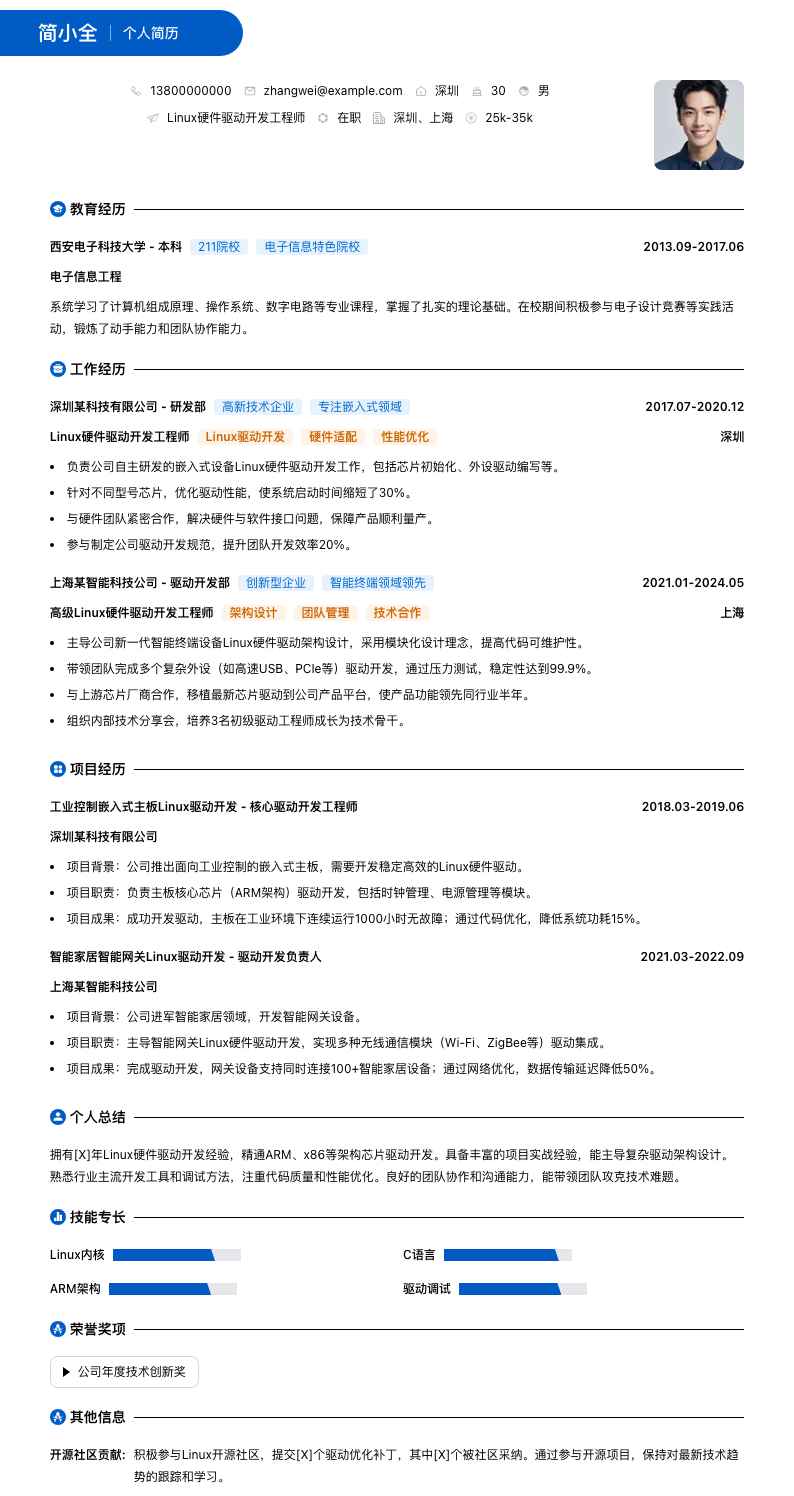 Linux硬件驱动开发工程师简历模板