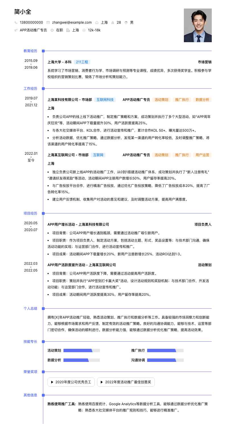 APP活动推广专员简历模板