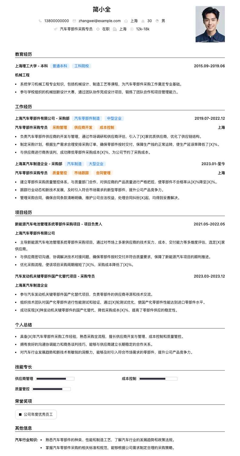 汽车零部件采购专员简历模板