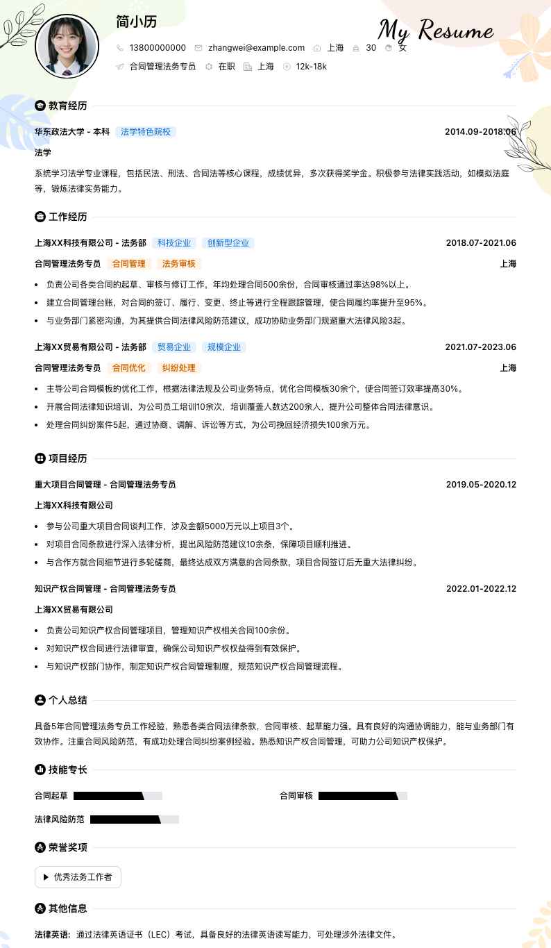 合同管理法务专员简历模板