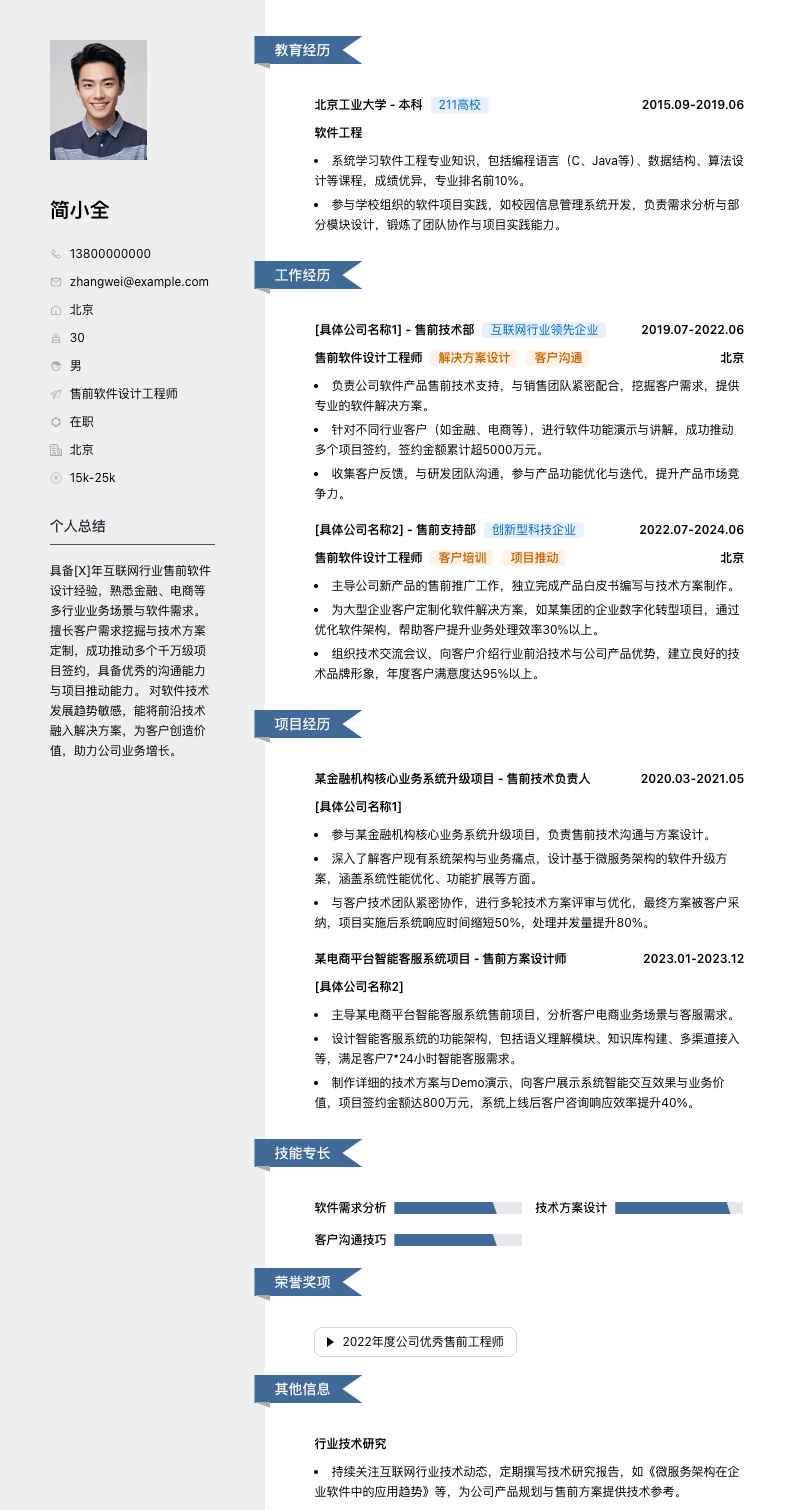 售前软件设计工程师简历模板