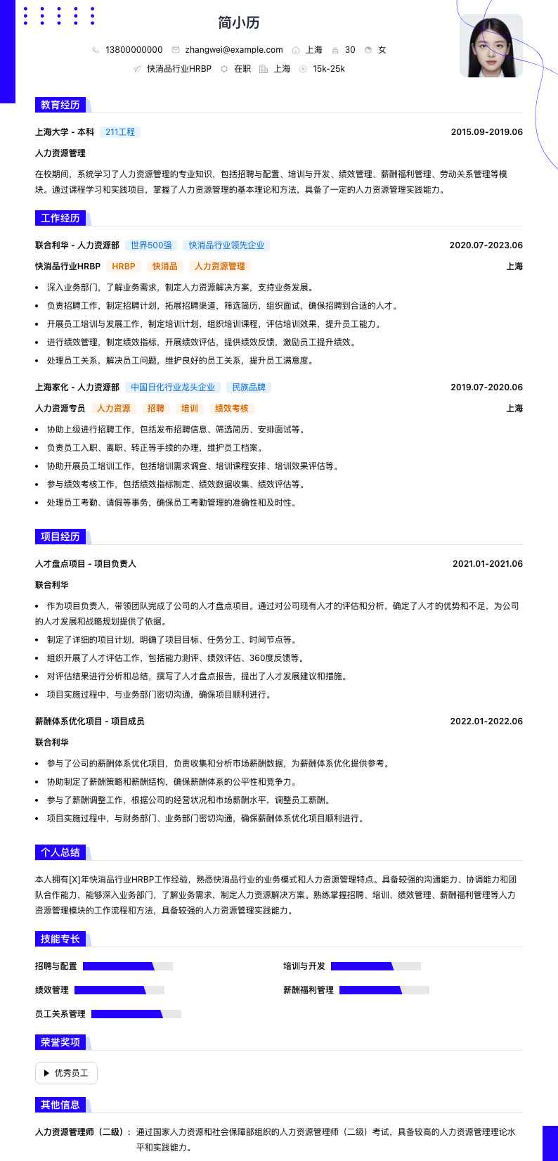 快消品行业HRBP简历模板