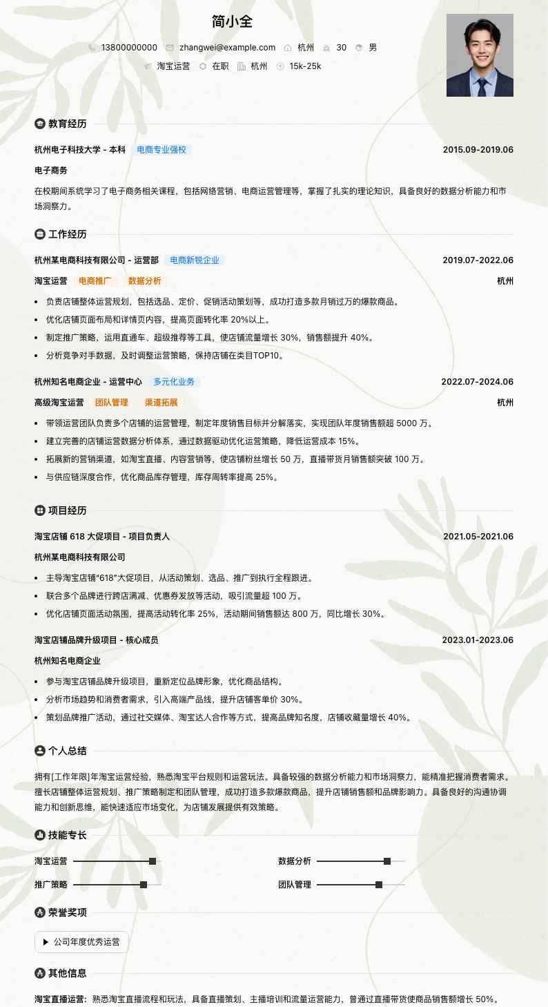 淘宝运营简历模板