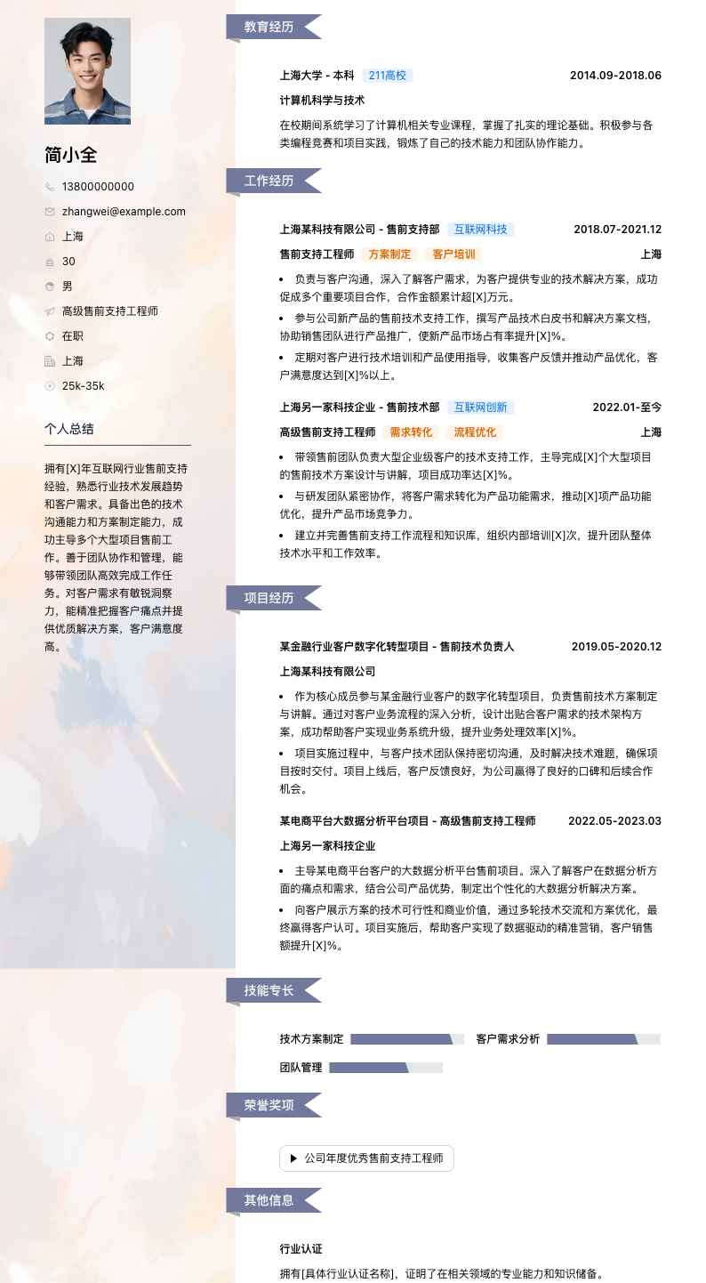 高级售前支持工程师简历模板