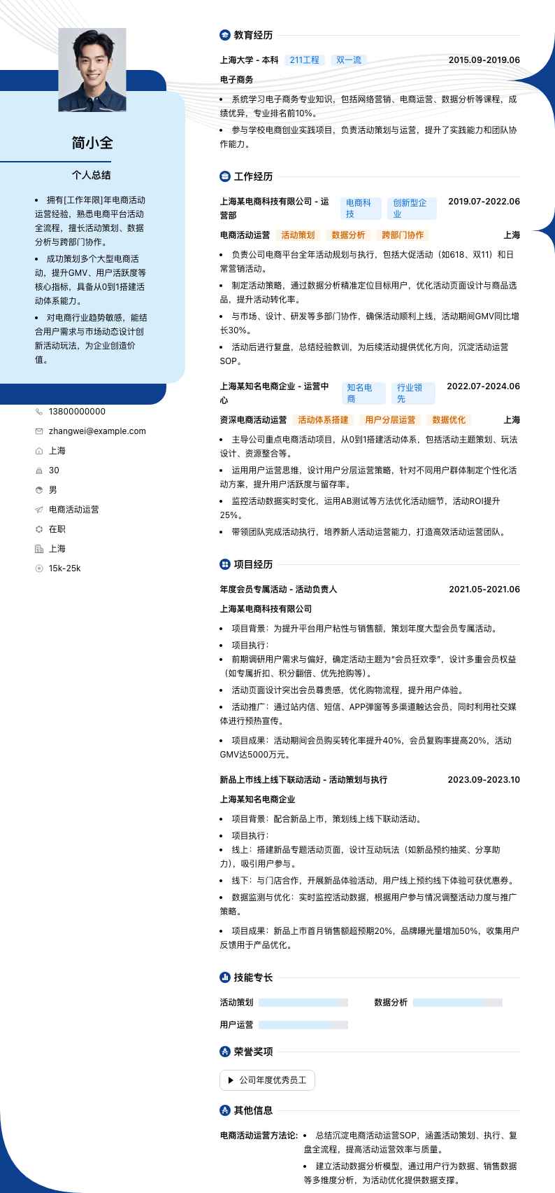 电商活动运营简历模板