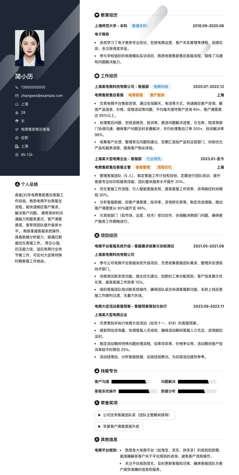 电商售前售后客服简历模板