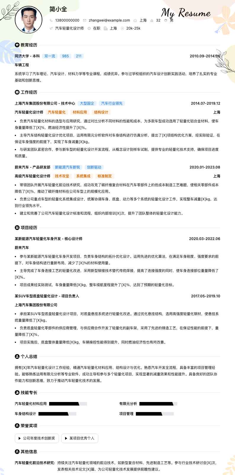 汽车轻量化设计师简历模板