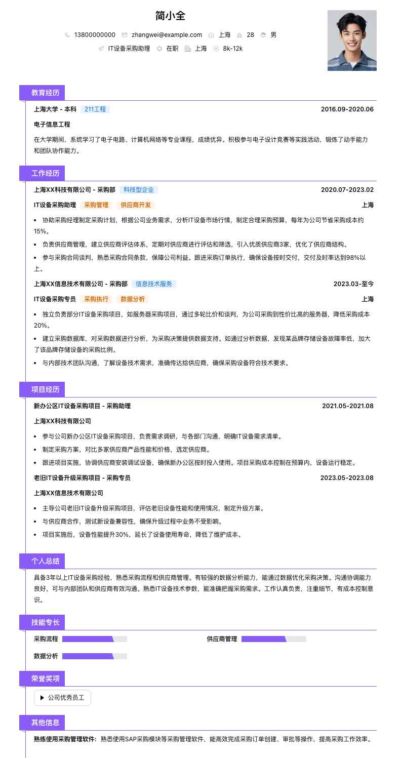 IT设备采购助理简历模板