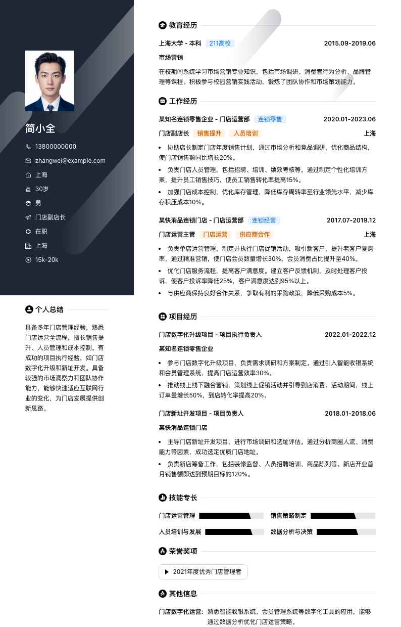 门店副店长简历模板