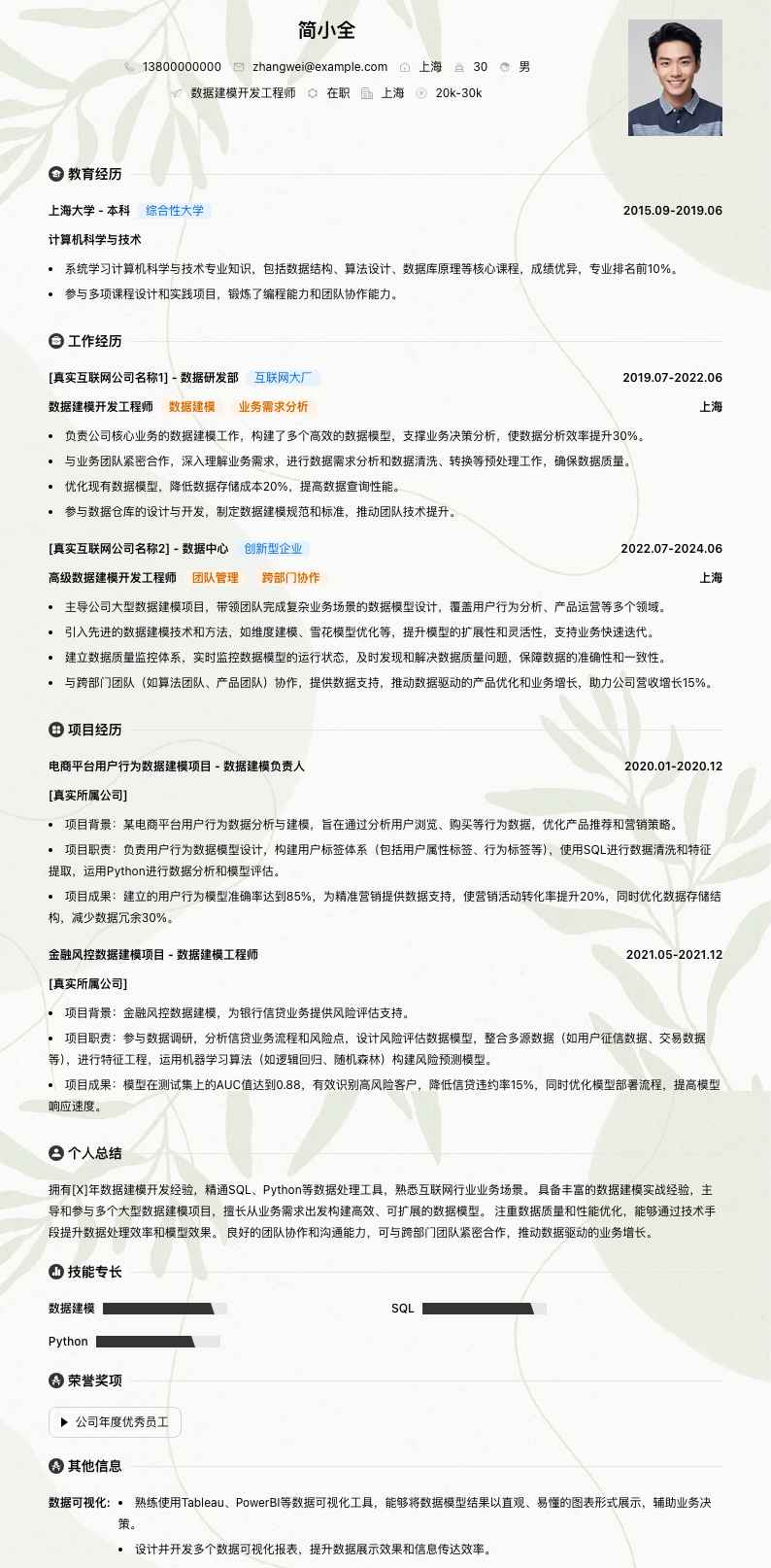数据建模简历模板