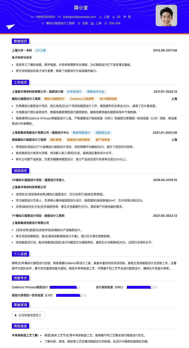 模拟IC版图设计工程师简历模板