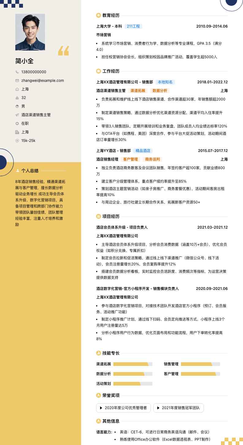 酒店渠道销售主管简历模板