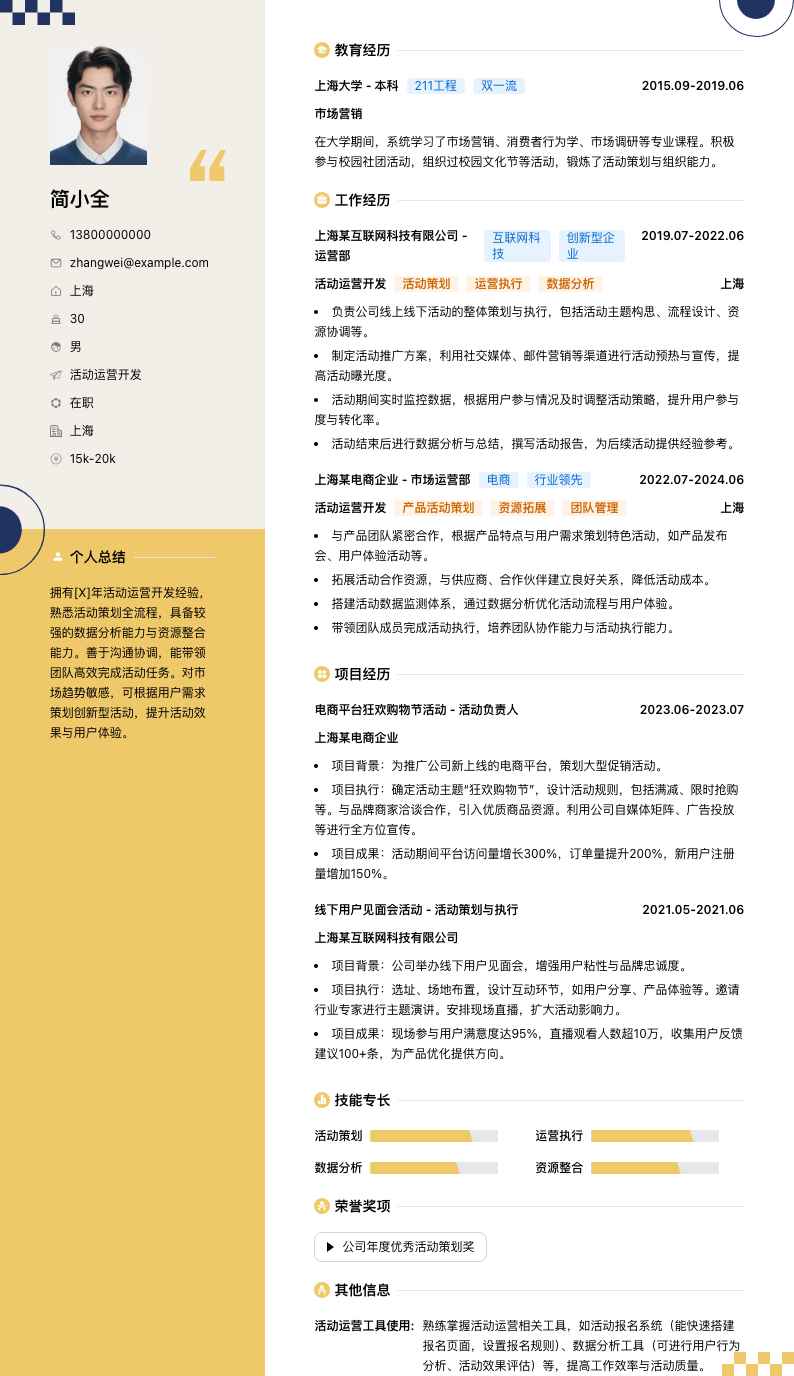活动运营简历模板
