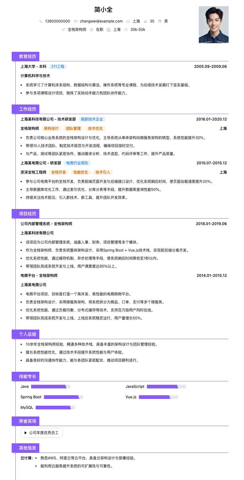 全栈架构师简历模板