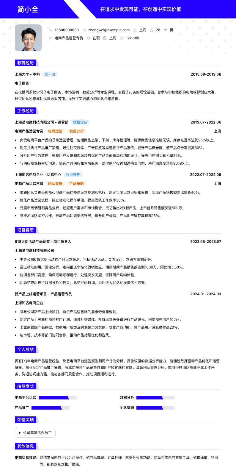 电商产品运营专员简历模板