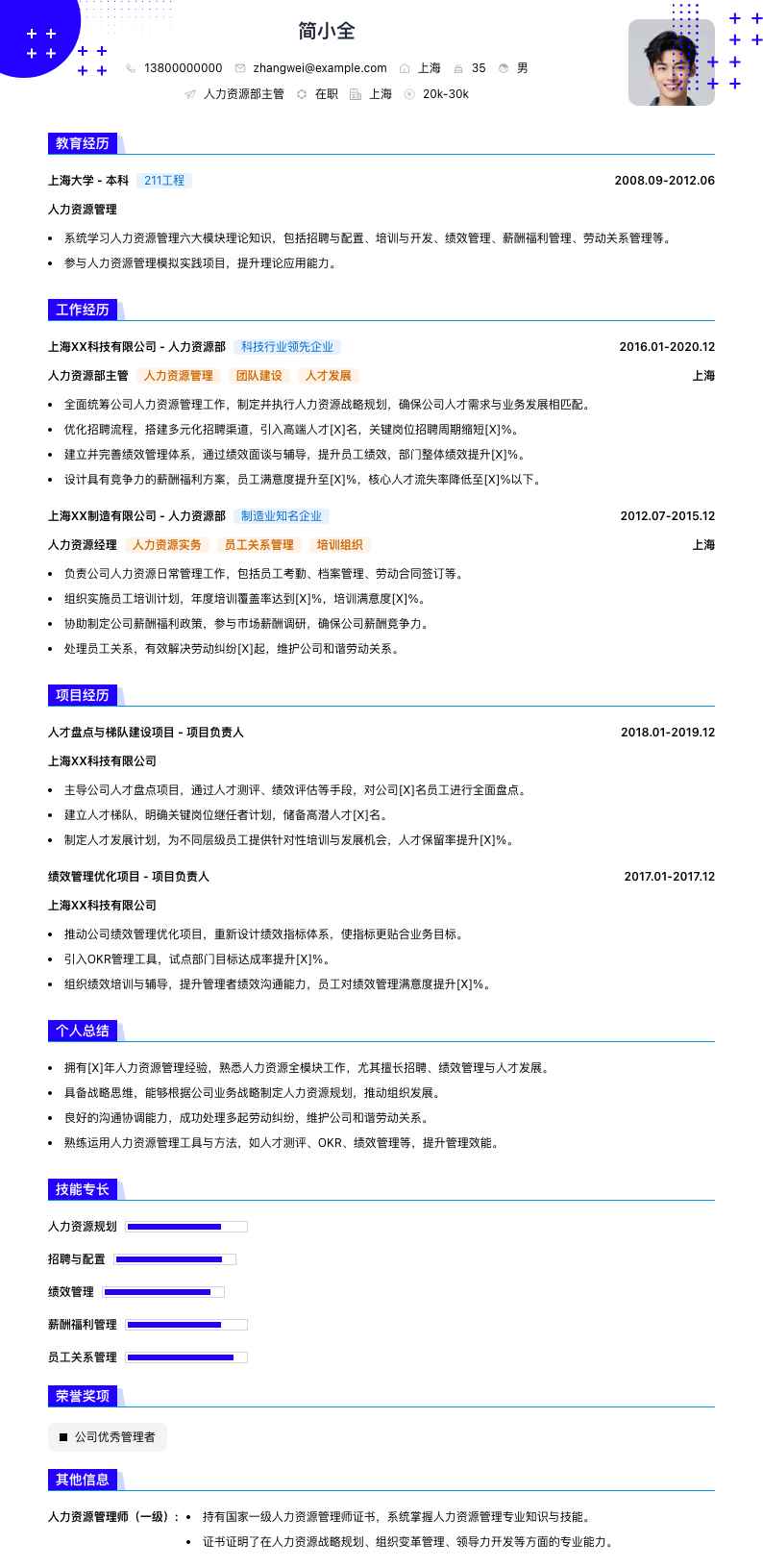 人力资源部主管简历模板