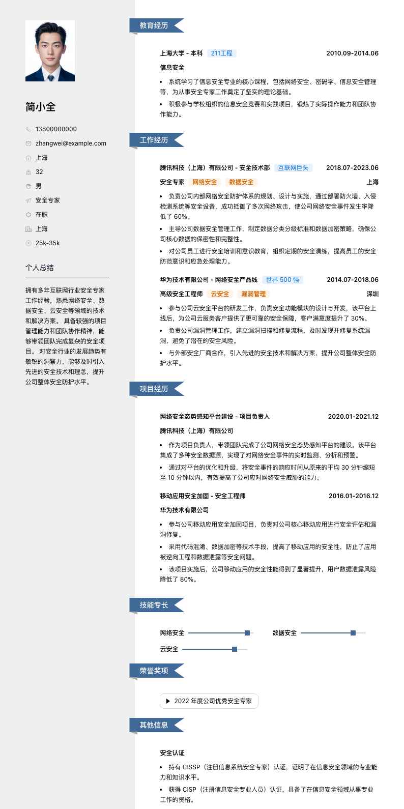 安全专家简历模板