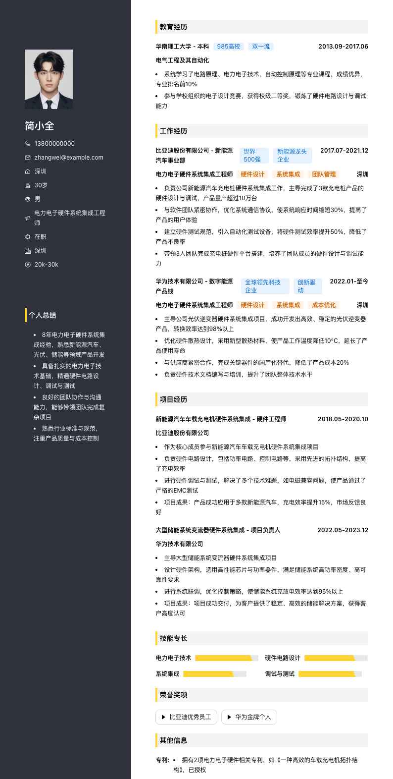 电力电子硬件系统集成工程师简历模板