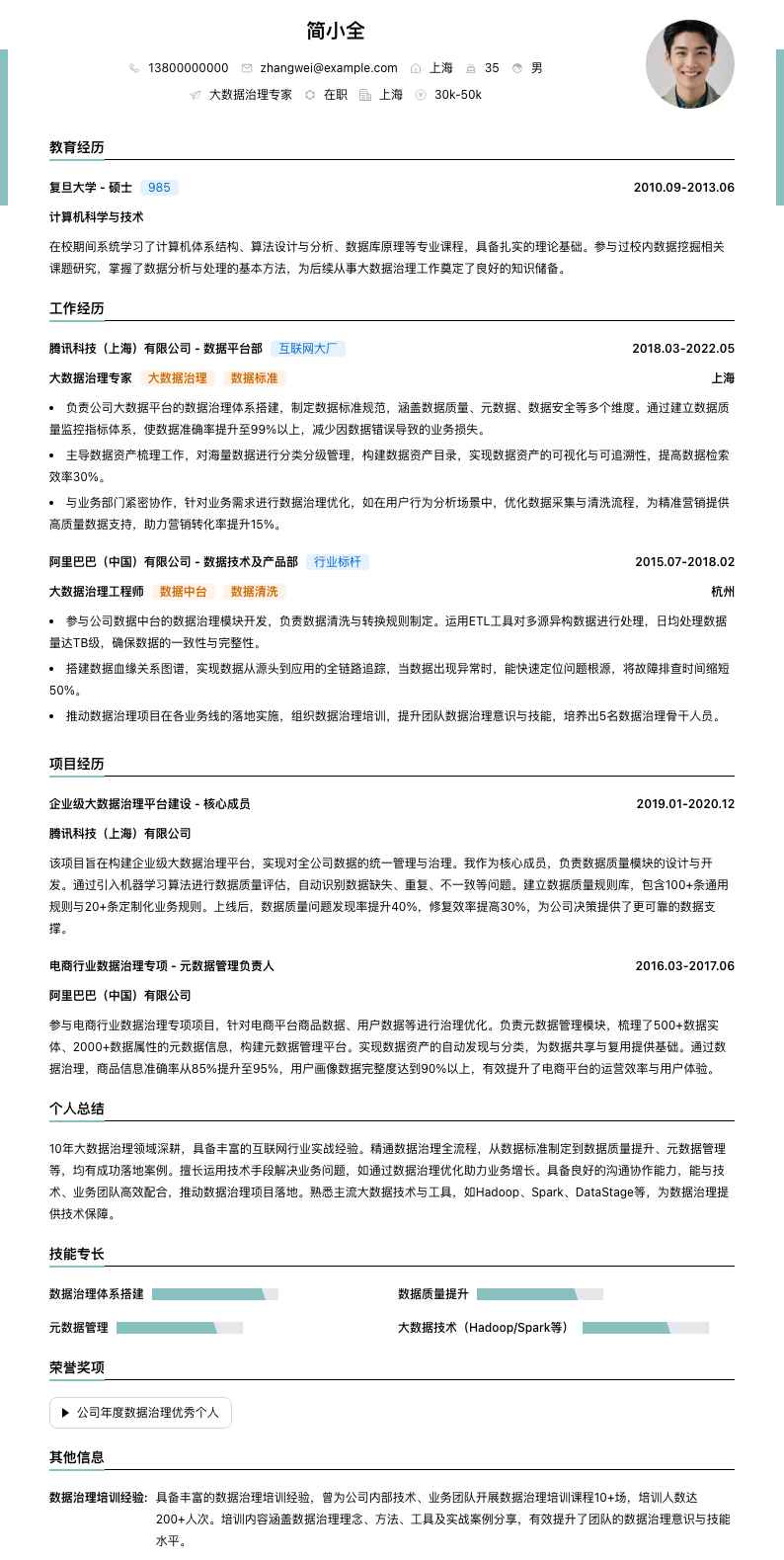 大数据治理专家简历模板