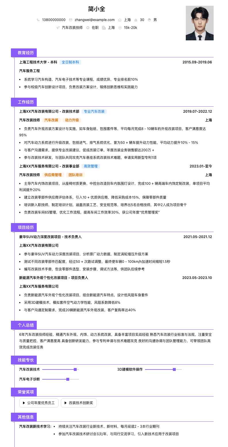 汽车改装技师简历模板