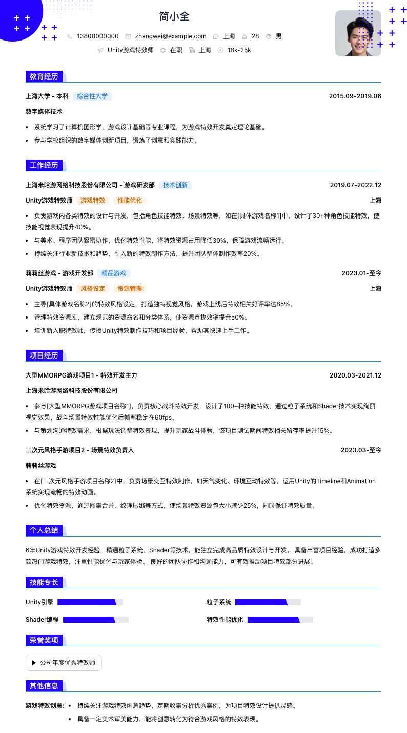 unity游戏特效师简历模板