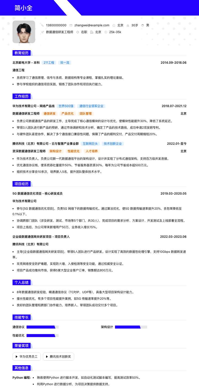 数据通信研发工程师简历模板